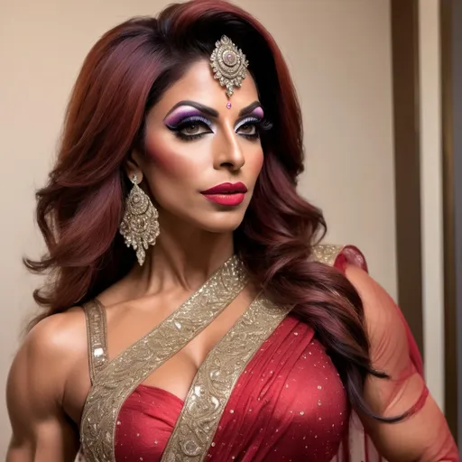 Prompt: A gorgeous muscular 35-year-old Pakistani drag queen bodybuilder in an elegant saree, her hands on her waist, with a hot look on her face and her lower lips slightly open, exuding passion and allure, ready to bring joy and intimacy to your honeymoon nights as your loving wife."