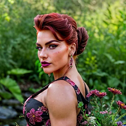 Prompt: award-winning full-length portrait of a gorgeous muscular drag queen (strong masculine jawline and facial features) with dark red updo hair, dark eyeshadow,  and dark lipstick, chic floral dress, outdoors, dainty bouquet of wildflowers, high-quality, oil painting, detailed floral patterns, serene atmosphere, elegant, natural lighting