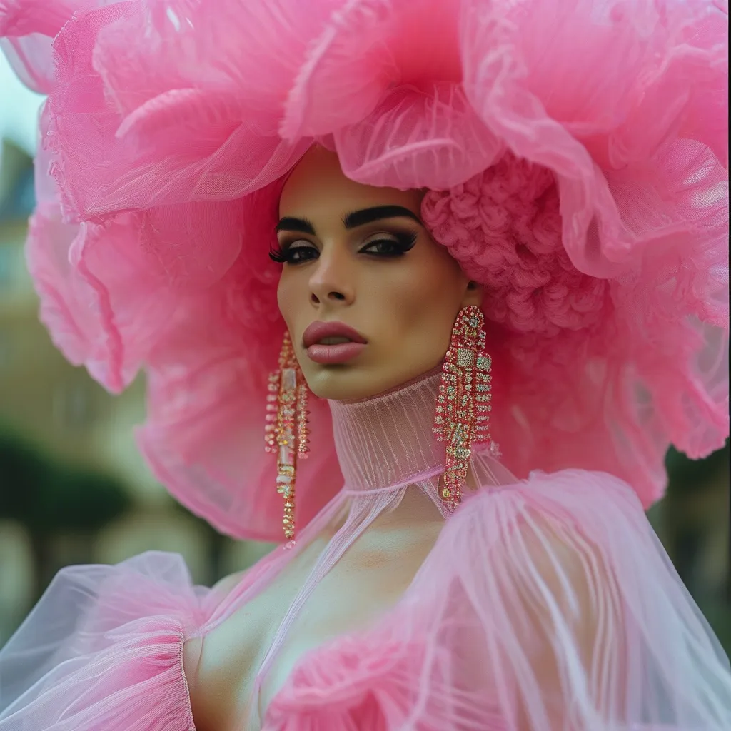 Prompt: Glamour photography of a Gorgeous muscular 35-year-old Romanian drag queen bodybuilder, with large busom,in paris in the style of Guy Aroch, pink transparent  sweater, skirt, exaggrate long earrings