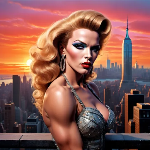 Prompt: Young Arnold Schwarzenegger dressed as a 25-year-old gorgeous drag queen Madonna posing on the ledge of a building, high above NYC.