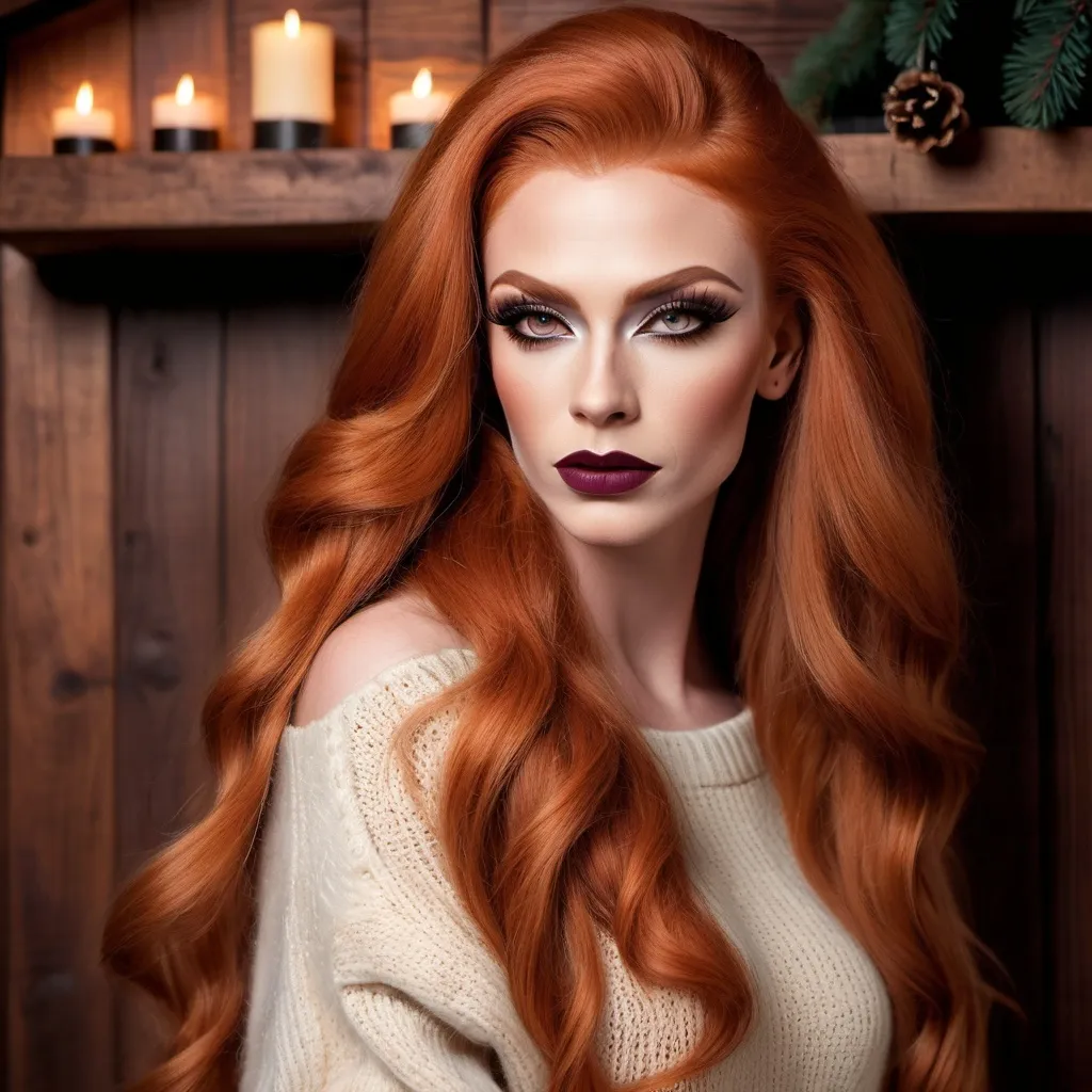 Prompt: Extremely beautiful, muscular 25-year-old Russian drag queen, detailed extremely long ginger hair, flawless skin, dark eye makeup, dark lipstick, detailed eyes, natural beauty, strong masculine jawline, form-fitting seasonal sweater, cozy modern log cabin interior background, winter season, realistic professional photography, high quality, detailed, realistic, cozy, ginger, long hair, flawless skin, candid moment, modern log cabin, seasonal sweater, detailed eyes, natural beauty, professional photography, winter season, cozy lighting