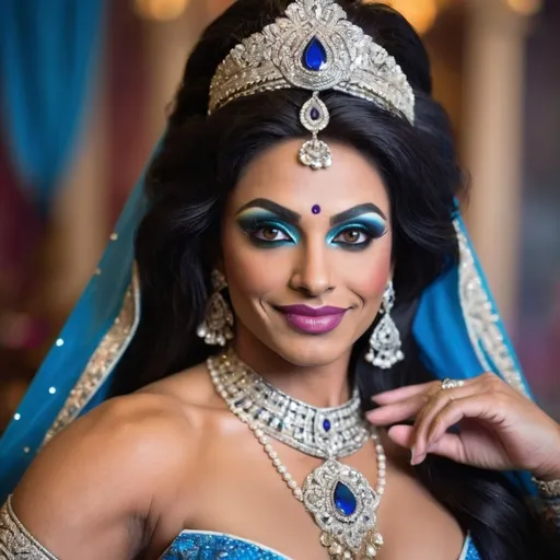 Prompt: A gorgeous muscular 25-year-old Indian British drag queen bodybuilder with large busum and a stunning and confident appearance. She has a radiant smile on her face, exuding charm and positivity. Her attire is a traditional outfit in a vibrant blue color, richly detailed with intricate embroidery and embellishments. Her long, silky black hair cascades down her back, framing her beautiful face. Her large, expressive eyes, adorned with subtle makeup, draw attention with their mesmerizing depth. Her sharp, clear masculine facial features are illuminated in soft, flattering light, showcasing every detail with clarity. Her well-toned, graceful physique resembles that of a goddess, reflecting both strength and elegance. The background is softly blurred to emphasize her presence and create a captivating focus on her beauty and aura