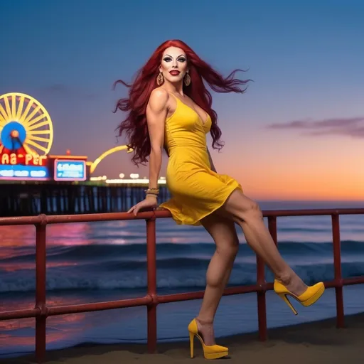 Prompt: Hi-res, 8k hd, Full body photography, Gorgeous tall muscular Bulgarian drag queen, 25 years old, ultra-long straight dark red hair (((blowing in wind))), lean athletic muscles, crystal blue eyes, lean muscular legs, muscular physique, dark smoky eyeshadow, dark red lipstick, smiling, short yellow cotton sundress, 8 inch stiletto high heel shoes, standing in front of the Santa Monica Pier at dusk, 8k photo, elegant, stylish, detailed features, highres, natural lighting, vibrant colors. Full length photography, full body photography. Ultra-detailed,  ultra-realistic.