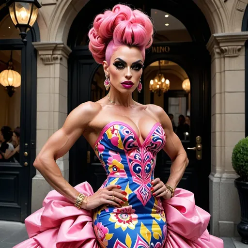 Prompt: Gorgeous ultra-muscular 25-year-old Spanish drag queen bodybuilder with long pink stylish updo wearing a (Moschino dress), high fashion design, colorful patterns, playful and vibrant, couture elegance, luxurious texture, striking silhouette, artistic flair, runway-inspired style, intricate details, eye-catching embellishments, bold color palette, fashionable ambiance, (ultra-detailed), high-quality craftsmanship, fashion illustration vibes, stylish ensemble, (vivid colors), aesthetically stunning.