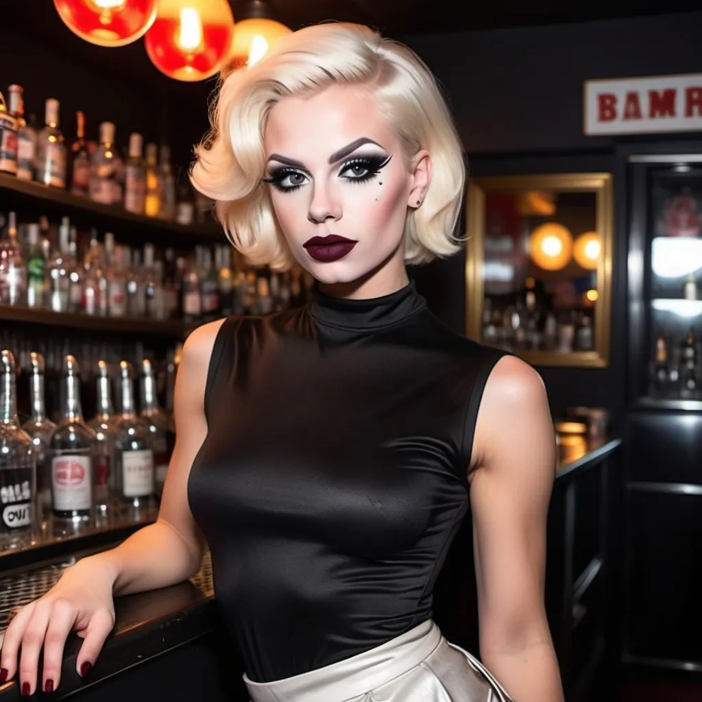 Prompt: Stunningly gorgeous 25-year-old Swedish drag queen bartender, mini skirt, short blond hair, full body, dark eye shadow and dark red lipstick