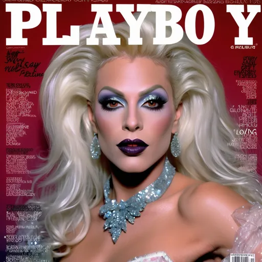 Prompt: (90s "Playboy" Magazine Cover), ethereal and whimsical, (vibrant color scheme), high-fashion editorial style, gorgeous muscular 35-year-old French drag queen model (masculine facial features) with long sassy platinum blonde hair, striking Hazel eyes, dark smoky eyeshadow, enchanting expression, pretty lips, dark lipstick, luxurious glittery details, full-length aesthetic, ultra-detailed, sparkly, glossy finish, captivating photography with dramatic lighting, alluring atmosphere, cosmopolitan elegance, celebrity fashion icon, stylish and classy presentation. Composition focus on full-body. 