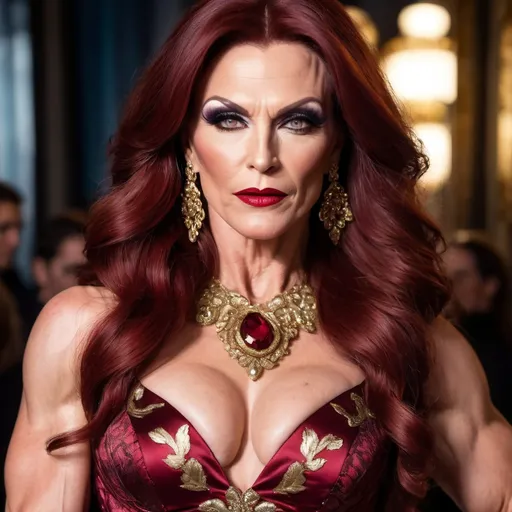 Prompt: Gorgeous muscular 45-year-old Slovenian drag queen bodybuilder with big busom, 
dark red matte lipstick, and long dark red hair, wearing a Roberto Cavalli dress, (luxurious designer fashion), stunning animal prints, exquisite embroidery details, showcase of intricate textures, flowing silhouette, elegant evening atmosphere, vibrant colors, dramatic lighting, (high fashion editorial style), ornate background with soft-focus elements, (4K ultra-detailed) craftsmanship, combining glamour and sophistication, perfect for a high-end photoshoot setting.