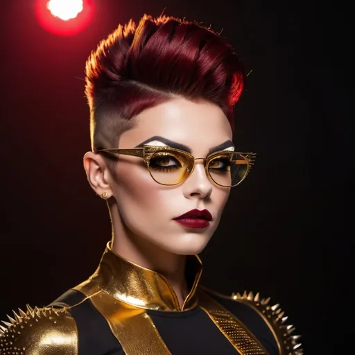 Prompt: Gorgeous ultra-muscular 25-year-old Czechian drag queen bodybuilder with short spiky swept over dark red hair, heavy eye makeup,  and dark red lipstick, wearing gold framed horn rimmed glasses with bright reflections on the lenses, and gold and black layered shirts. using only black, gold, and white.  Background is black with neon red light.