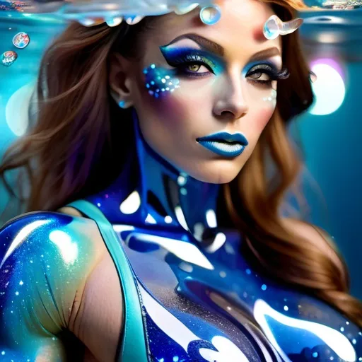 Prompt: Gorgeous ultra-muscular 25-year-old Czechian drag queen bodybuilder, ethereal figure emanating cosmic vibes, flowing water waves shimmering around her, celestial motifs in hues of deep blue and aqua, radiant aura filled with twinkling stars, dreamy and introspective atmosphere, vibrant contrasts bringing focus to her serene expression, high detail and clarity, embodying the liberated spirit of the Aquarius sign, full 4K resolution.