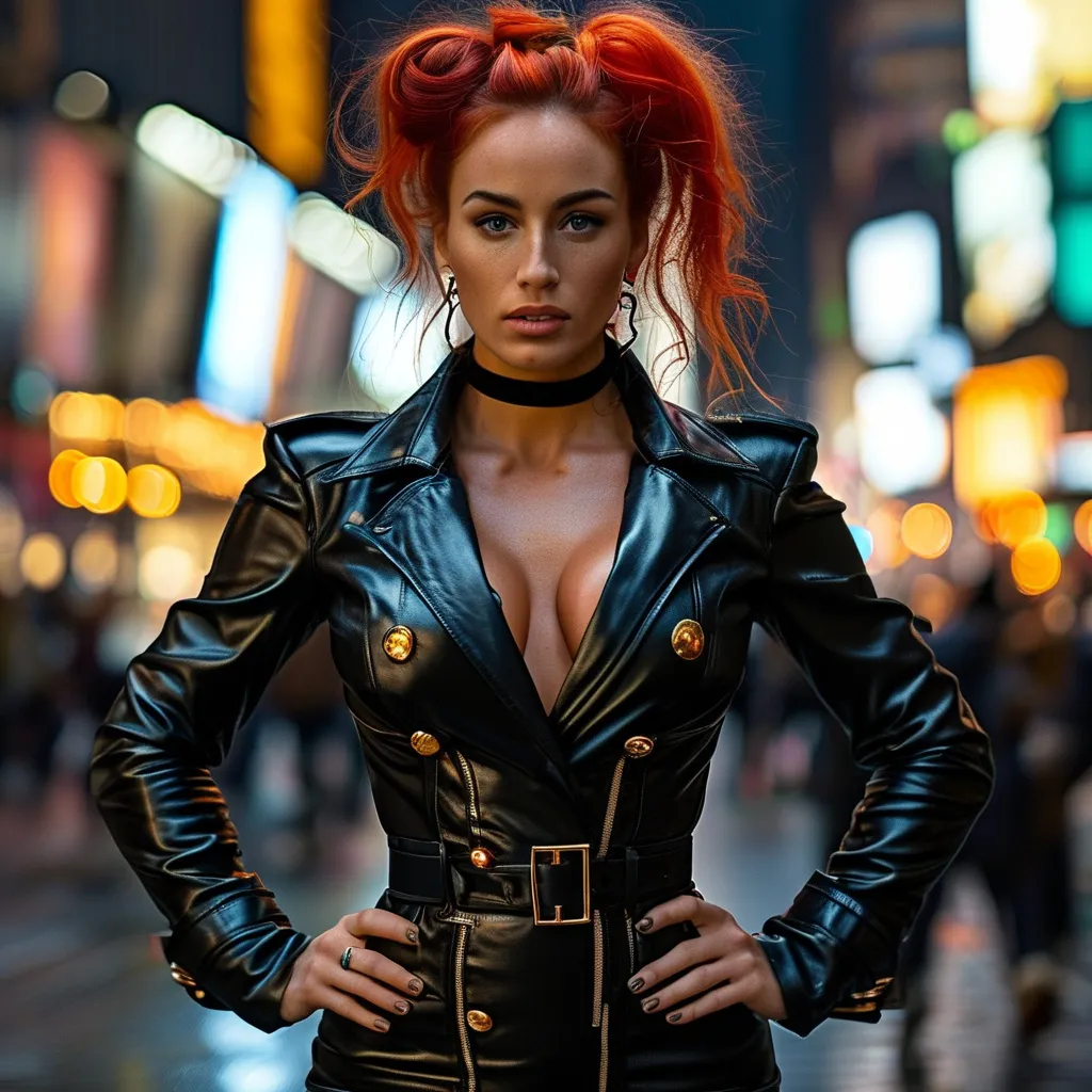 Prompt: Gorgeous ultra-muscular 25-year-old French female goddess bodybuilder with huge busom, long muscular legs, long dark red tight updo hair, wearing 8 inch stiletto high heel shoes, black leggings, tight leather jacket, knee length leather pencil shirt, standing in Time Square at night