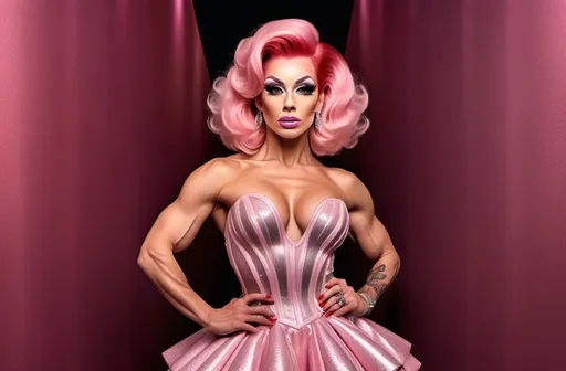 Prompt: Very detailed and hyper realistic full-length photo of 25 years old gorgeous ultra-muscular Czechian drag queen bodybuilder with 50s style pink hair wearing a hyper realistic and very detailed Paco Rabanne dress 64k, ultra hd, 3d quality  500mpx reflex red carpet awards