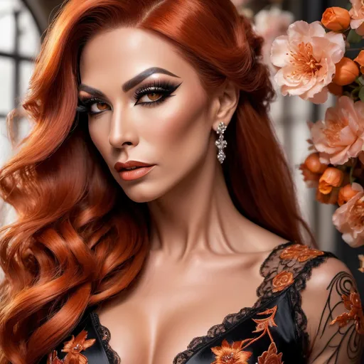 Prompt: A gorgeous muscular 35-year-old Bulgarian drag queen (strong masculine jawline and brow features) with long luscious burnt orange hair wearing (breathtaking black oriental dress), (exquisite bride), radiant beauty, exquisite lace and satin details, flowing train adorned with delicate embroidery, beautiful soft natural lighting, romantic ambiance, lush blossom background, high-resolution, ultra-detailed, elegant and dreamy atmosphere, showcasing the perfect harmony of love and elegance, whimsical setting filled with soft pastel colors.