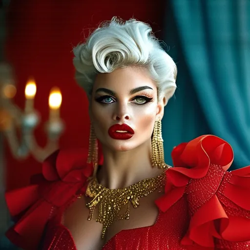 Prompt: a gorgeous ultra-muscular 25-year-old Czechian drag queen goddess in a red dress and gold jewelry, short sassy silver hair dark eye shadow and dark red lipstick, and a chandelier with candles in the background, Annie Leibovitz, romanticism, elegance, a still life