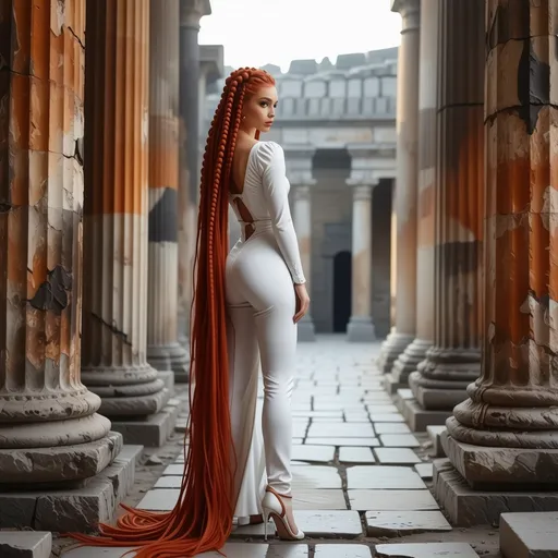 Prompt: realistc, Full body, (Hot red-headed drag queen mistress), long braided red hair, gorgeous strong face (strong masculine jawline and brow features), long white leather medieval fantasy dress, with straps and lace, stunning high heels, dominant stance, looking over shoulder, set between ancient ruins, magical spells in the air