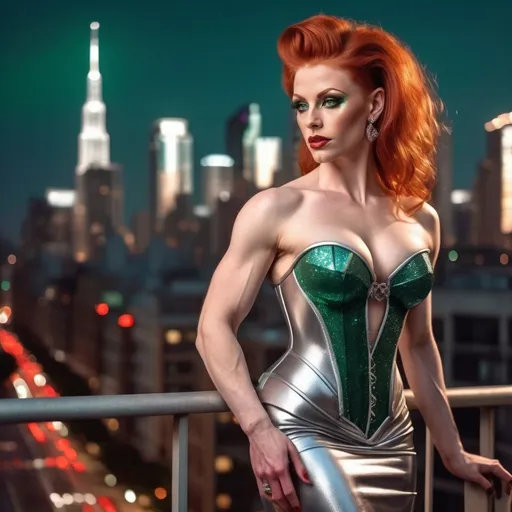 Prompt: Delicate gorgeous ultra-muscular 35-year-old red haired drag queen bodybuilder overlooking city from balcony, photorealism, silver corset and skirt, emerald eyes, pale skin, heart-shaped face, metropolitan nightscape, skyscrapers, highly detailed, 8k photo, photorealistic, delicate beauty, intricate details, city lights, atmospheric lighting