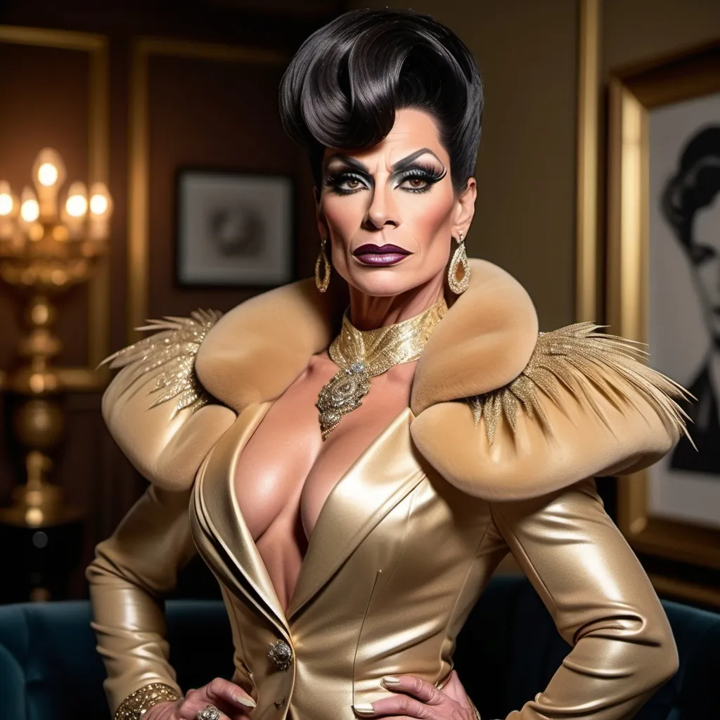 Prompt: "A gorgeous muscular Swiss drag queen in her late forties with striking dark graying hair and brown eyes that shimmer with a golden hue. She has a sharp, regal face and an air of authority. Known as the 'Golden Dutchess,' she is tall and muscular, exuding confidence and refinement. Dressed in a tailored noble coat with intricate detailing, she stands in a grand hall, her demeanor poised yet guarded, hinting at a troubled past beneath her polished exterior."