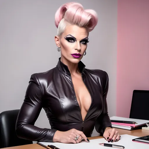 Prompt: Gorgeous muscular 35-year-old Swedish drag queen (prim and proper) science teacher with platinum pink high updo, dark eyeshadow and dark lipstick (((strong masculine jawline and brow))) sitting flirtatiously on her desk.