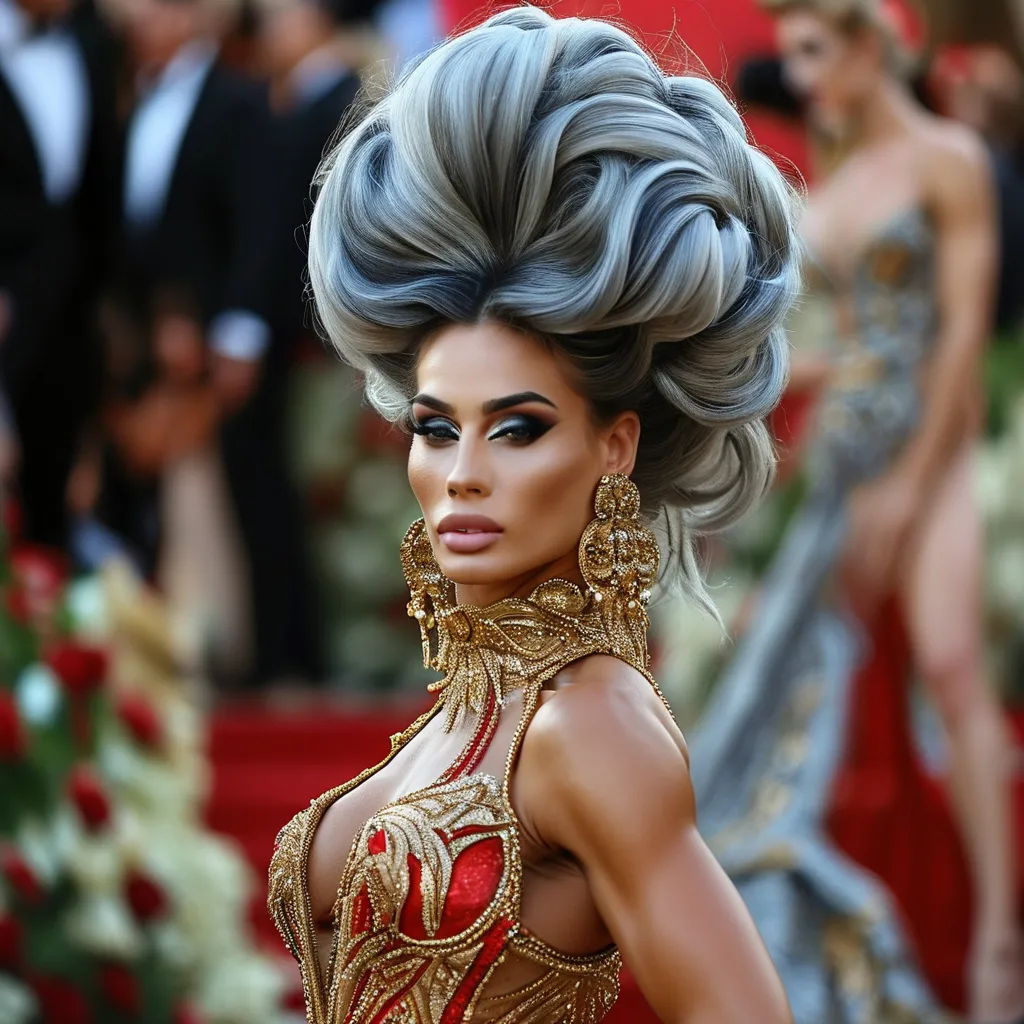 Prompt: Glamour photography of Gorgeous ultra-muscular 25-year-old (Caucasian) Russian drag queen bodybuilder with a huge busom, and very long wavy black & grey tight updo hair on the Met Gala steps in New York wearing designer bronze and red gown with long train, intricate details, glitter and jewels, posed 3/4 turn standing, smile, in the style of Guy Aroch