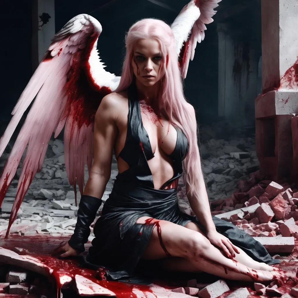 Prompt: Gorgeous ultra-muscular 25-year-old Finnish angel with huge busom and ridiculously long flowing platinum pink hair, wrapped dirty robes covered in blood, large broken, bloody wings, on her knees in the middle of rubble.