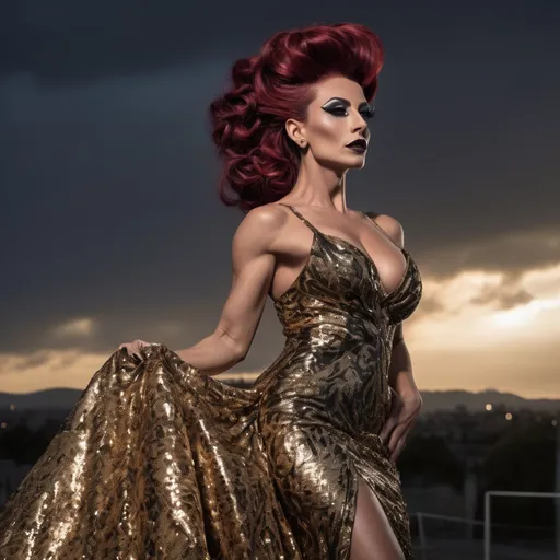 Prompt: Gorgeous muscular 35-year-old Turkish drag queen bodybuilder with long dark red flowing updo hair, dark eyeshadow and dark lipstick, long gold flowing sequined gown, romantic outdoor setting, dramatic sky, An ultra-realistic photograph captured with a Sony α7 III camera, equipped with an 85mm lens at F 1.2 aperture setting,  The image, shot in high resolution and a 16:9 aspect ratio, captures the subject’s natural beauty and personality with stunning realism –ar 16:9 –v 5.2 –style raw