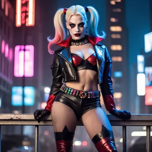 Prompt: Gorgeous muscular cyberpunk drag queen Harley Quinn, great legs, crystal high heels,  dark lipstick.