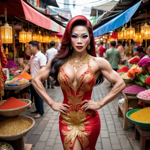 Prompt: A full-body view of a gorgeous Thai drag queen bodybuilder in a traditional red and gold dress, standing on a cobblestone street in a bustling Thai market, with vibrant stalls and colorful canopies in the background fully in focus.