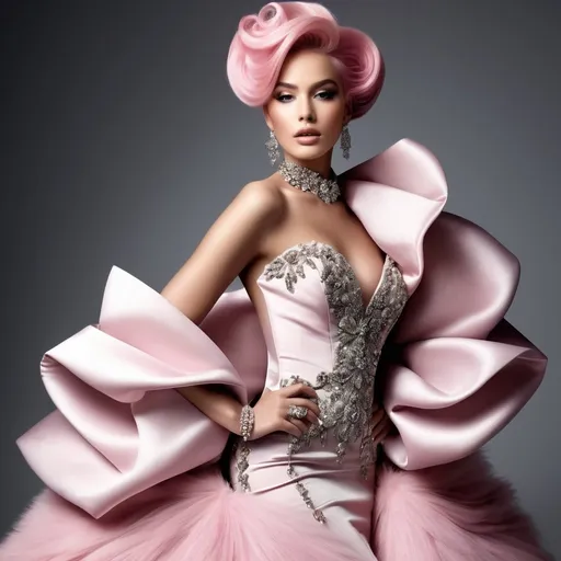 Prompt: A mesmerizing portrait graces the cover of an elite fashion magazine, capturing the essence of high-end sophistication. Set against a white back drop, the gorgeous pink haired huge busom model exudes confidence and allure, adorned in exquisite fashion garments that epitomize elegance and class. This breathtaking image transcends traditional notions of style, embodying an innovative vision of haute couture that pushes the boundaries of modern aesthetics.