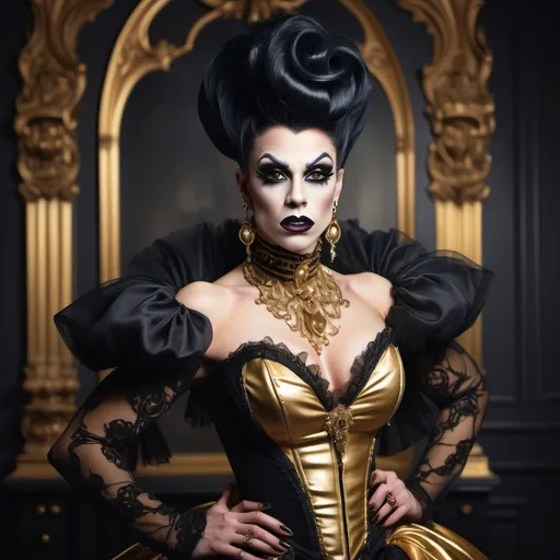 Prompt: elegant gorgeous muscular young vampire drag queen in gold and black tones and victorian dress