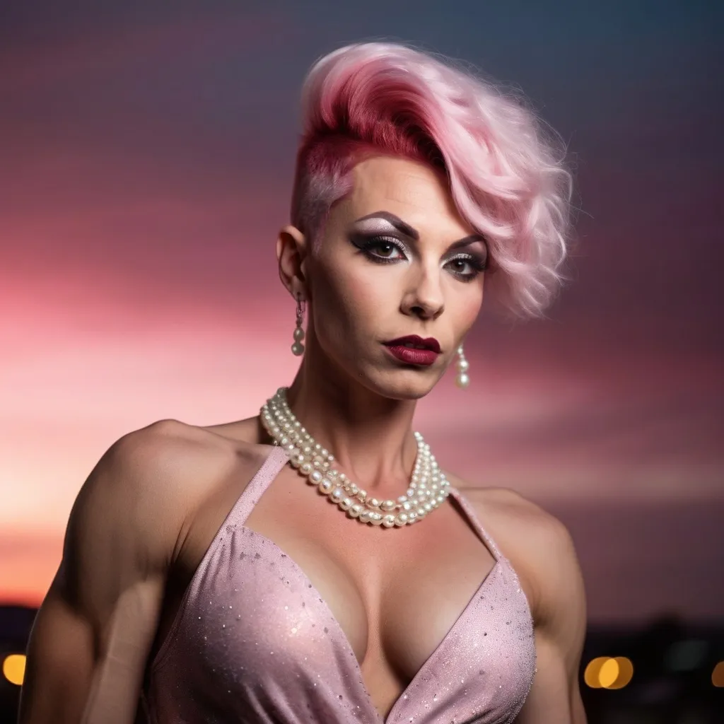 Prompt: Gorgeous ultra-muscular 25-year-old Czechian drag queen bodybuilder with short spiked pink hair wearing a pearl colored flowy gown, dark eye shadow, heavy mascara, and dark red lipstick, staring at the stars in the sky and feeling content.