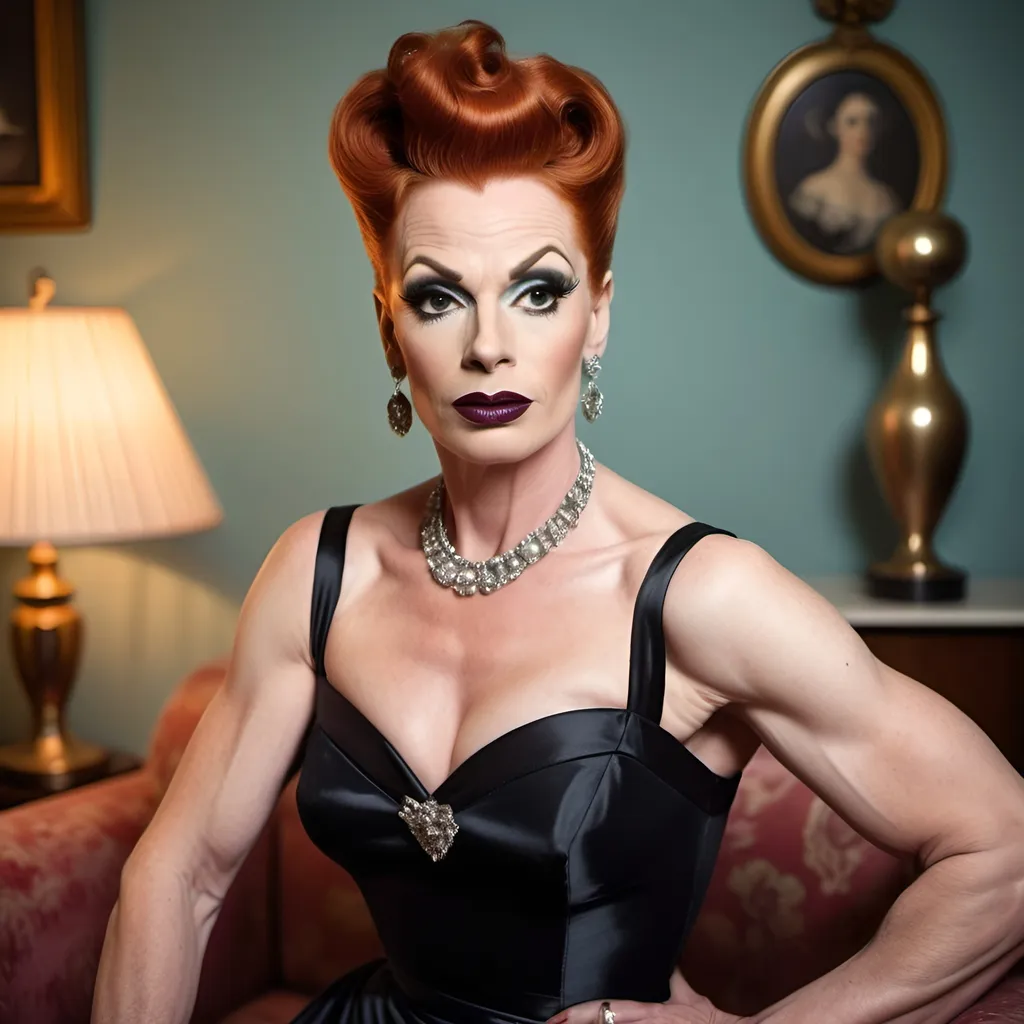 Prompt: A gorgeous muscular red-headed 40-year-old Czechian drag queen (((strong masculine jawline and brow))) housewife (((dark eyeshadow and dark lipstick))) in the 1950s wearing a solid sweetheart swing dress. Posing in the living room.