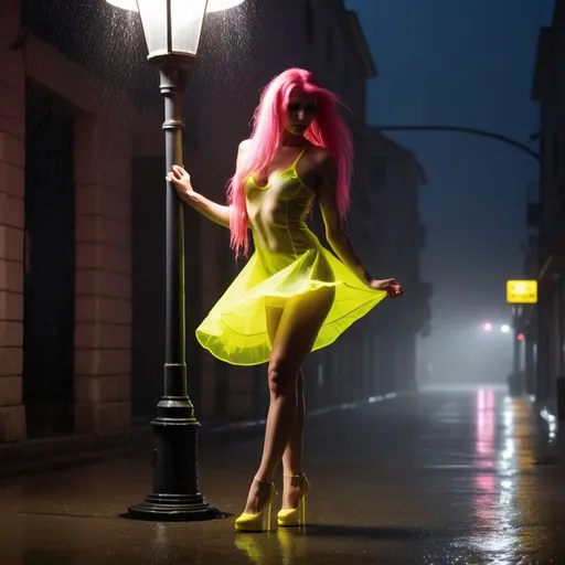 Prompt: dark street, Croatian ultra-muscular dance girl with long pink hair wearing very short neon yellow color transparent frock and 8 inch stiletto high heel shoes. that girl show using turned on street lamp. she is standing under the lamp. background is dark. little raining . she is wet. body figures are showing under the dress.