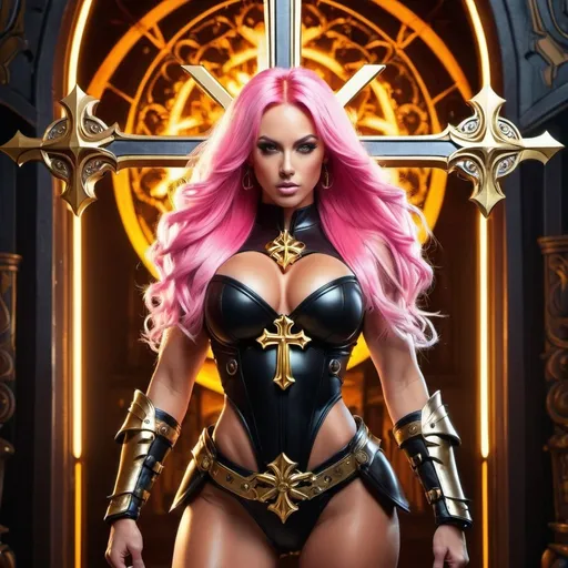 Prompt: Gorgeous ultra-muscular  25-year-old caucasian Finnish goddess bodybuilder with huge  busom and ridiculously long pink hair wearing massive gothic armor with extremely detailed golden ornaments while a glowing cross stands in the Background - stunning and colorful artwork inspired by the style of Kim Hyung Tae ::5 highly stylized and artistic, with a strong emphasis on character design and visual impact, featuring unique and interesting poses and facial expressions ::4 vivid and dynamic, with a strong sense of motion and energy, featuring bold colors and interesting backgrounds ::3 highly imaginative and visually striking, with interesting lighting and shading, featuring iconic and unforgettable imagery ::3 no overly simplistic or generic designs. ::-2 --ar 9:16 --quality 2 --style expressive --niji 6