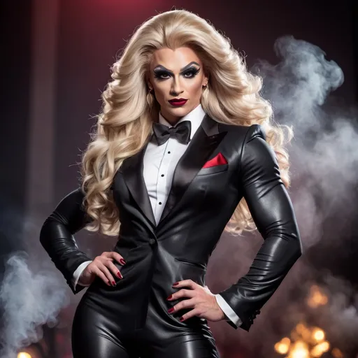 Prompt: Gorgeous ultra-muscular 25-year-old Polish drag queen bodybuilder with huge ridiculously long wavy blonde hair wearing a tuxedo, smokey eye shadow, heavy mascara, Dark red lipstick and 8 inch stiletto high heel shoes, focus on tuxedo.