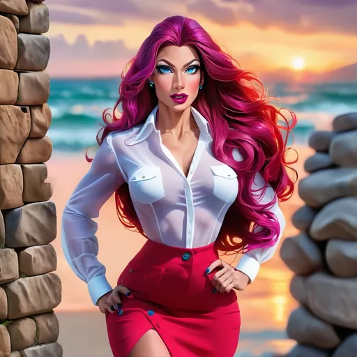 Prompt: (Stunningly beautiful muscular) olive-skin 25-year-old Dutch drag queen, (blue eyes), (very long flowing hair in mixed shades of red-magenta), symmetrical face, immaculate makeup, dark red lipstick, button-up white blouse, neon red skirt with cargo pockets, 6 inch stiletto high heel shoes, standing next to a stone wall, beach and ocean background, sunset daylight, dynamic pose, high-res, pro photo, beach scene, flawless facial features, alluring expression, professional photography, warm and vibrant colors, natural lighting, 8k, sharp focus, high quality, luxurious fabrics.