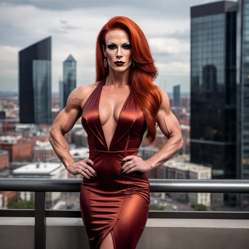 Prompt: Gorgeous muscular 35-year-old Swedish drag queen bodybuilder (strong masculine jawline and brow) with long luscious dark orange hair, dark eyeshadow, and dark red lipstick, wearing a beautifully designed sophisticated Tom Ford dress and 8 inch stiletto high heel shoes.  Futuristic and sterile cityscape in the background. 