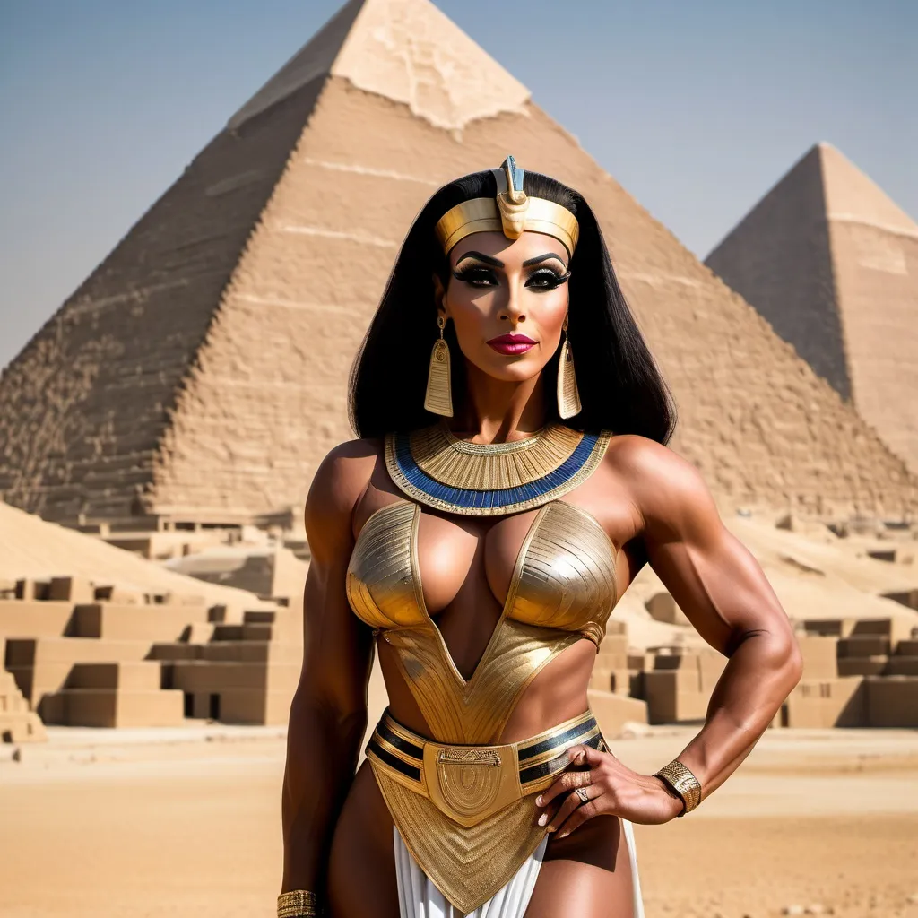 Prompt: A stunning portrait of gorgeous muscular 35-year-old Egyptian drag queen bodybuilder Cleopatra, the Queen of Egypt, depicted with regal elegance and beauty. Standing majestically before the Great Pyramids of Giza


