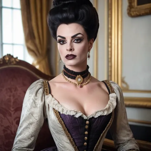 Prompt: A gorgeous muscular 25-year-old French drag queen (with large busom, dark eye makeup, dark lipstick, and strong masculine jawline and brow facial features) regency era noblewoman in aristocratic attire