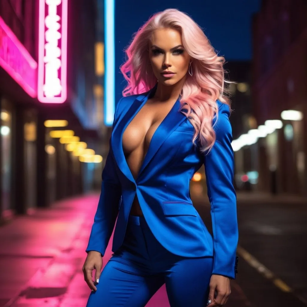 Prompt: Gorgeous ultra-muscular 25-year-old Icelandic goddess bodybuilder with huge busom, wearing a tailored silk suit, ridiculously long wavy platinum pink hair, muscular legs, urban night background, fashionable, 8 inch stiletto high heel shoes, fingers in jacket pockets, neon lighting, highres, detailed, urban, androgynous, blue silk suit, narrow tie, short hair, urban night, fashionable, night lights, neon lighting, urban fashion. Composition focus on muscular physique. 