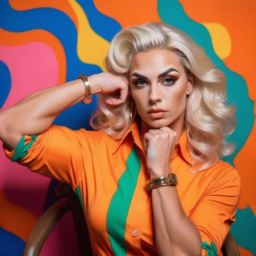 Prompt: a gorgeous muscular 25-year-old Hungarian drag queen (very strong masculine jawline and brow features) bodybuilder with platinum blonde wavy hair, wearing an oversized orange shirt posing for a picture with her legs crossed and her hand on her head, Anna Katharina Block, kitsch movement, colourful, a pop art painting