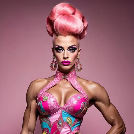 Prompt: Gorgeous ultra-muscular 25-year-old Spanish drag queen bodybuilder with long pink stylish updo wearing a (Moschino dress), high fashion design, colorful patterns, playful and vibrant, couture elegance, luxurious texture, striking silhouette, artistic flair, runway-inspired style, intricate details, eye-catching embellishments, bold color palette, fashionable ambiance, (ultra-detailed), high-quality craftsmanship, fashion illustration vibes, stylish ensemble, (vivid colors), aesthetically stunning.