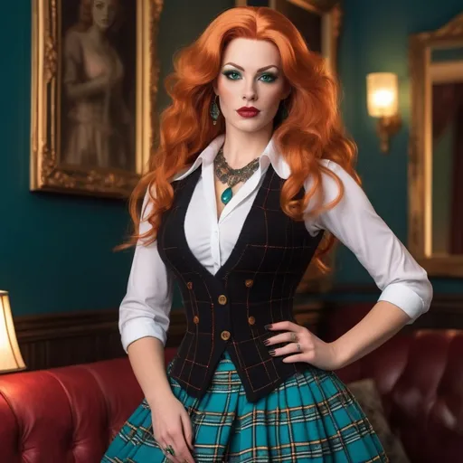 Prompt: Photorealistic image of a beautiful muscular 25-year-old German drag queen with big busom and chic wavy shoulder-length orange hair and striking green eyes, wearing a stylish white blouse layered under a vibrant teal knit vest. She pairs this with a classic teal and black tartan skirt, alluring white tights, and elegant black stiletto heelss. she stands gracefully in an opulent Belle Époque lounge, richly decorated, rich patterns, luxurious ambiance, 8K resolution, ultra-detailed.