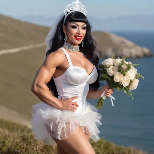 Prompt: Cute and glamorous 20-something Eurasian drag queen bodybuilder, very beautiful,
During a photoshoot wearing a sheer mini wedding dress, garter belt, and stiletto high heels
Hairband on her head
Smiling expression
Outfit that emphasizes her glamorous body
Large busom 
Holding a small bouquet in one hand.
Taking a photo on a windy seaside hill.
Skirt and veil blowing in the wind
Sitting on a bench with her muscular legs slightly spread
Thighs visible
Wearing a garter belt
