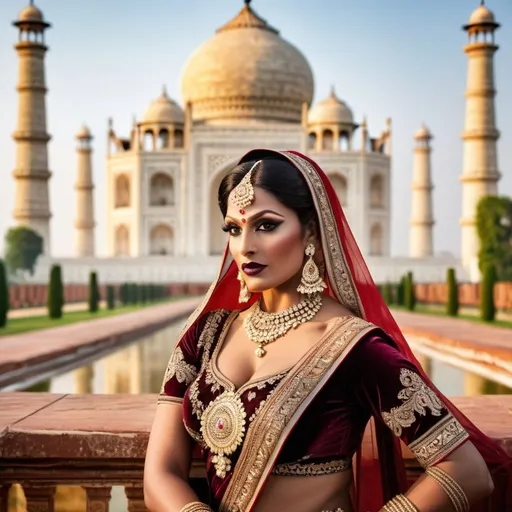 Prompt: In 1670's a gorgeous, very muscular 35-year-old Indian drag queen (with strong masculine facial features, dark lipstick, large busom) standing majestically in front of the Taj Mahal, wearing an opulent and elaborate traditional Indian royal dress adorned with intricate gold embroidery and sparkling jewels. She exudes grace and power, with a serene yet commanding expression that captures the admiration of the gathered crowd. The scene is composed with expert artistry, featuring dramatic lighting that highlights the rich textures of her attire and the architectural beauty of the Taj Mahal. The composition should feel like a professional artistic photograph, with meticulous attention to details in posture, facial expression, and the interplay of light and shadow, creating an atmosphere of regal elegance and reverence.