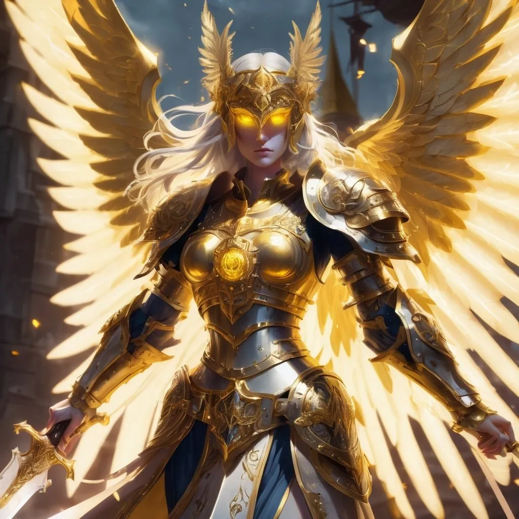 Prompt: DnD style Aasimar with golden mask, sword, and shield, glowing golden eyes, intricate gold details, high quality, fantasy, detailed armor, radiant lighting, heroic pose, divine aura, female, Full Mask