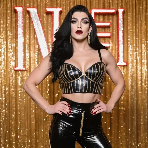 Prompt: Striking a confident pose in front of a vibrant backdrop adorned with red sparkles and bold lettering, a Gorgeous, very muscular 21-year-old olive-skinned French drag queen (with strong masculine facial features, dark lipstick, large busom, long, straight, shiny black hair) captivates attention in an eye-catching ensemble. She wears a soft gold crop top that highlights her figure and features a statement piece of jewelry—a chain with a decorative element that draws the eye to her midsection. Her high-waisted, distressed jeans add a casual edge to the look, emphasizing her long legs, which are adorned with stylish, intricately designed 8 inch stiletto high heel shoes. The atmosphere reflects a glamorous event, blending sophistication with daring style.