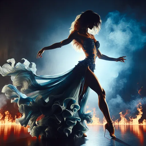 Prompt: Gorgeous ultra-muscular 25-year-old Swedish goddess dancing on blue flame, silhouette, lava, long flowing blue flame gown, huge busom, long wavy fiery hair, long muscular legs, very muscular dancing female, mystical background,