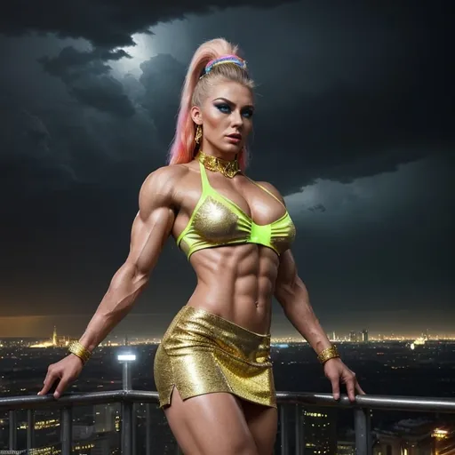 Prompt: Gorgeous ultra-muscular 25-year-old Czechian drag queen bodybuilder with huge busom in colorful neon yellow and gold mini skirt, highly detailed face with sharply detailed blue eyes, UHD, volumetric lighting, standing on a bluff, distant storm approaching Moscow, futuristic fashion, detailed hair, elegant pose, cityscape, urban, intense gaze, highres, ultra-detailed, glamorous, fashion, atmospheric lighting, modern