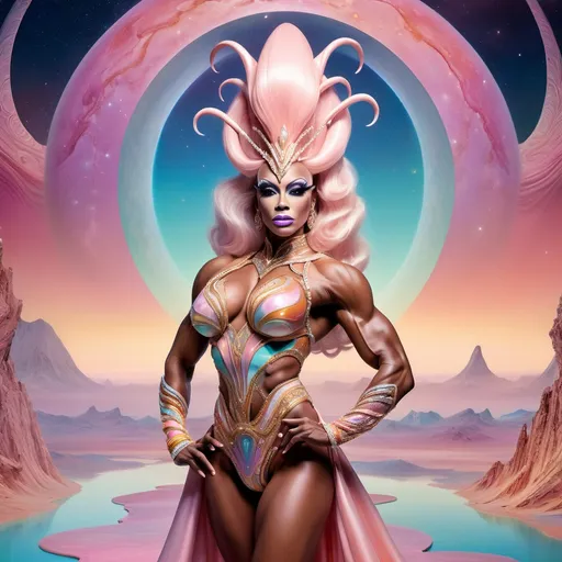 Prompt: The most beautiful drag queen bodybuilder on Venus wearing the traditional Venusian dress.