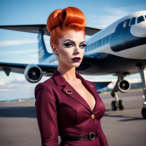 Prompt: Gorgeous ultra-muscular 25-year-old Finnish hour glass figured drag queen with ridiculously long wavy black updo bun hairstyle, dark eye makeup,  dark lipstick, dressed as a 1960s stewardess,  passenger plane in background. Full length photography.