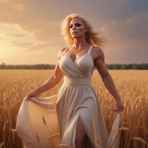 Prompt: a painting of a gorgeous muscular 35-year-old Finnish drag queen bodybuilder, with long blonde gair and big busom, wearing a long flowing sundress, standing in a field of wheat at sunset, Anka Zhuravleva, german romanticism, ultra realistic digital art, a photorealistic painting